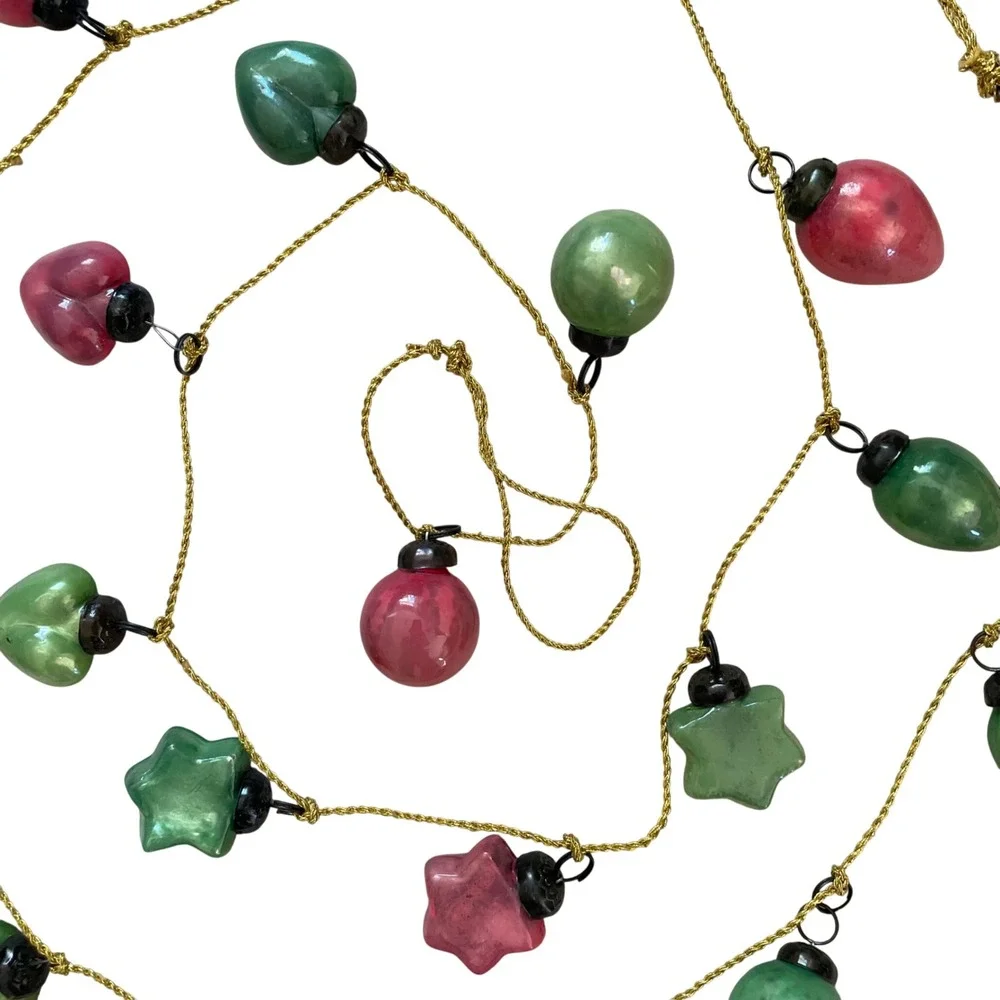 Mercury Glass Ornament Garland pink & green Hearts Bulbs Balls‎ Gold tone Cord